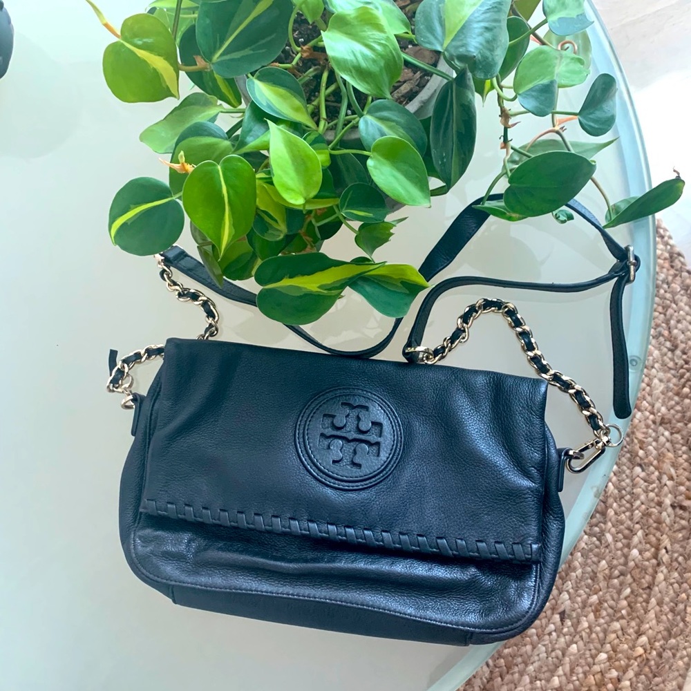 Tory Burch Marion Fold-over Black Leather Purse